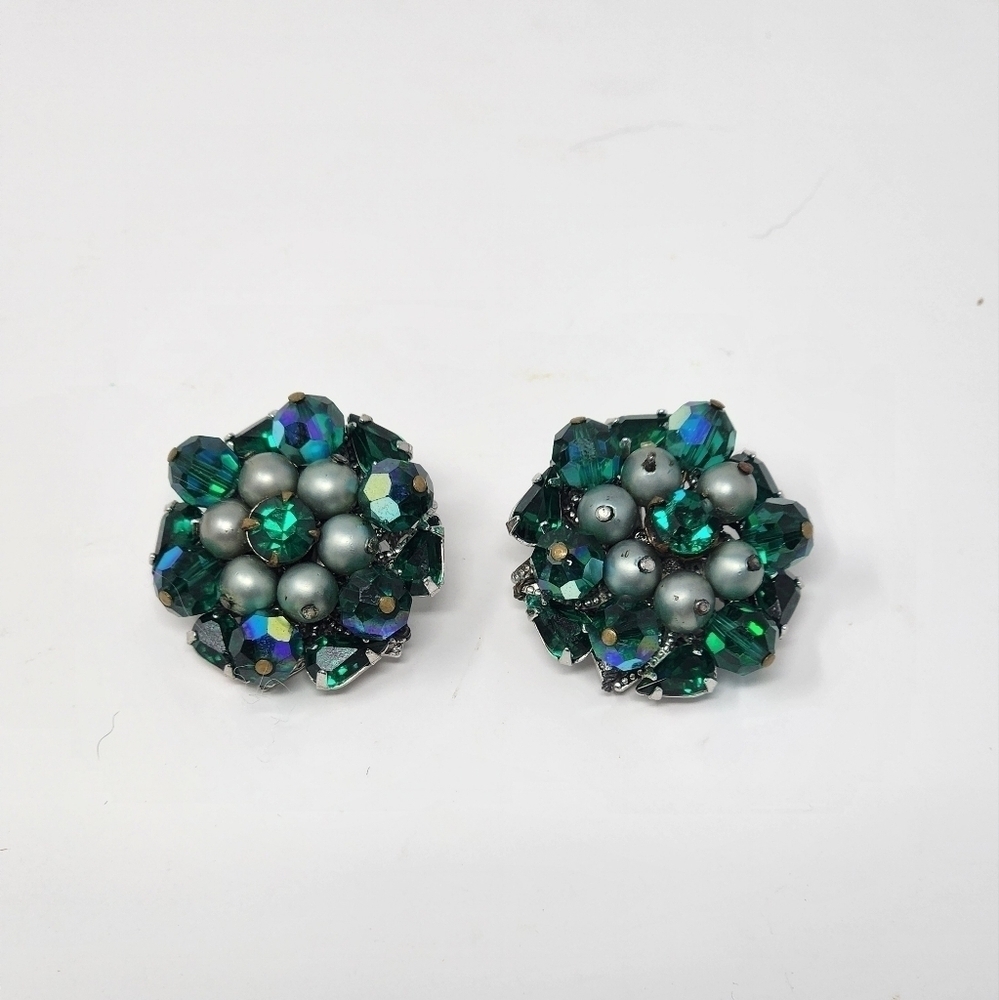 VINTAGE EUGENE 50s GARDEN PARTY RINESTONE AND BEADED CLIP-ON EARRINGS